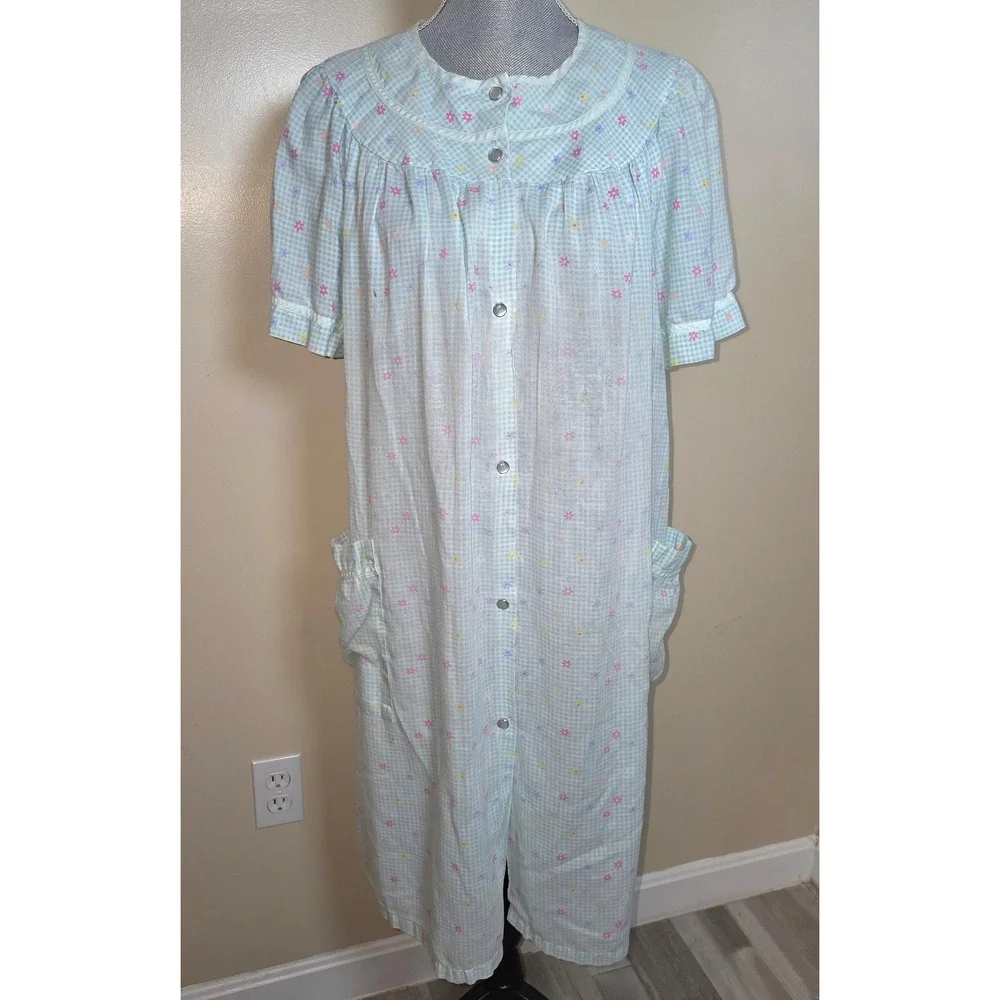 Moon Dance Blue Gingham Floral Snap Front House Dress Duster Robe Large Vintage